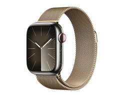 Apple Watch Series 9, 45 мм, стальные золотого цвета, миланский сетчатый браслет