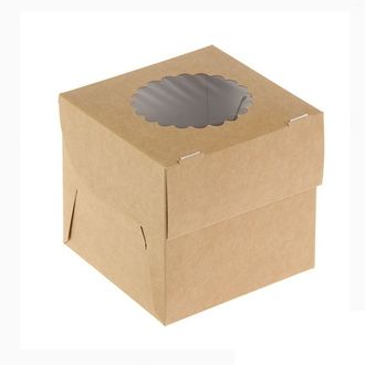 Коробка тонкая на 1 капкейк с ФИГУРНЫМ Окном, КРАФТ, 10*10*10 см