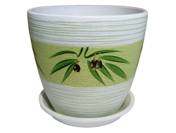Белый с зеленым стильный керамический горшок для комнатных цветов диаметр 12 см с рисунком оливки