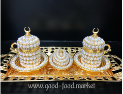 Набор для сервировки кофе в восточном стиле на 2 персоны, декор "Золото и жемчуг", Турция