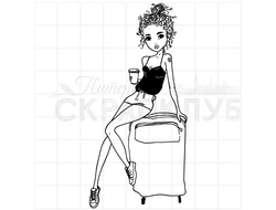 Штамп Девушка на чемодане со стаканчиком кофе