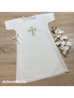 Тёплое платье-рубашка "Традиция золото" для Крещения девочки: кружево, вышитый крестик (цвет на выбор), 0-3 мес., 3-6 мес., 6-12 мес., можно вышить любое имя