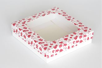 Коробка подарочная С ОКНОМ 20*20* высота 5 см, Красно-Белый Новогодний