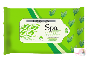 Влажные гигиенические очищающие салфетки с ароматом зеленого чая BIOCOS, 15 шт.