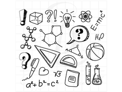 Набор школьных штампов формулы, колбы, микроскоп, ручка, мяч, циркуль, линейки, тетрадь