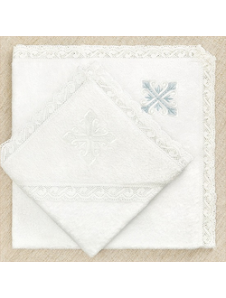 Кружевное крестильное полотенце (крыжма) с бело-голубой вышивкой, пушистое и мягкое, 105х105 см