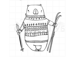Штамп Рисунок медведь в свитере с лыжами