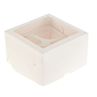 Коробка тонкая на 4 капкейка с Квадратным или Круглым Окном, Белая, 16*16*10 см