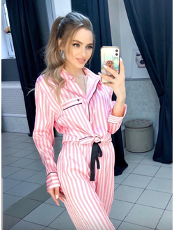 Пижама в полоску Виктория Сикрет бело-розовая LUX