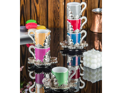 Набор для кофе на 6 персон &quot;Разноцветный&quot; с серебяной подставкой и металлическими декоративными блюдцами (в коробке), Турция