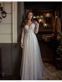 Свадебное платье блестящее с рукавами "Леа" прокат Уфа