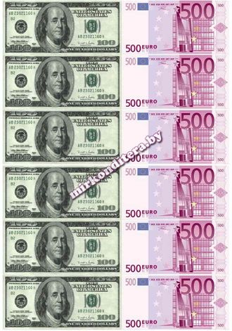 Вафельная картинка &quot;Деньги&quot; №9 , А4 (6 купюр долларов + 6 купюр Евро)
