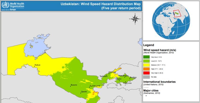 Карта ветров Республики Узбекистан, 2004-2005 гг.