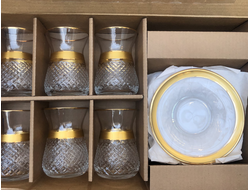 Армуды (стаканы для чая), набор на 6 персон (стаканы рифленые, блюдца стеклянные), декор "Золото", Турция