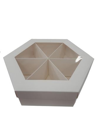 Коробка шестигранная Белая с окном 17*17 см высота 4 см, 1 шт (6 ячеек)