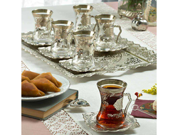 Стаканы для чая (армуды), подарочный набор 6 шт. с блюдцем, декор &quot;серебро&quot;, Sena, Турция