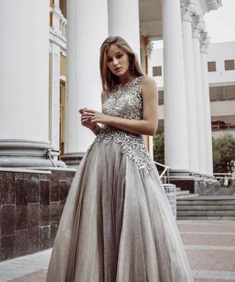 Серо-коричневое бальное вечернее платье "Giardini" прокат Уфа