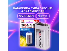 Батарейка SONNEN Alkaline, Крона (6LR61, 6LF22, 1604A), алкалиновая, 1 шт., блистер, 451092