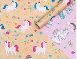 Бумага глянцевая ДВУХСТОРОНЯЯ "Единорожки", (персиковый / розовый), 70 х 100 см, 1 лист
