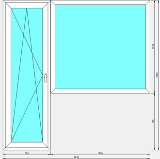 Балконный блок с глухим окном и поворотно-откидной дверью с целиковым стеклопакетом