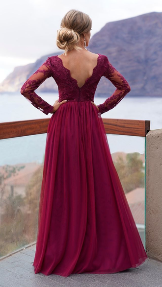 Бордовое вечернее платье марсала с рукавами и разрезом "Жанейро" прокат Уфа