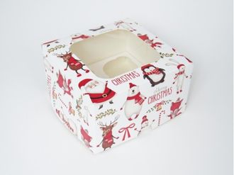 Коробка на 4 кекса квадратная с окошком (17*17*10 см), Дедушка мороз