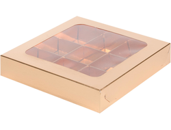 Коробка на 9 конфет с вклеенным Окошком, 16*16*3 см, ЗОЛОТАЯ (050080)