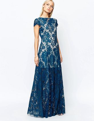 Синее кружевное вечернее платье с коротким рукавом прокат Уфа
