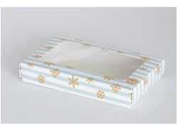 Коробка на 2 печенья С ОКНОМ (18*11*3 см), Снежинки с голубой полоской