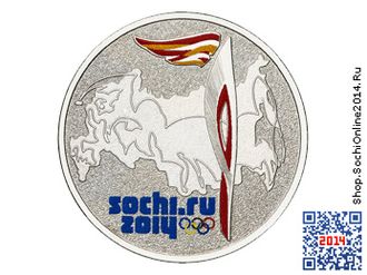 Цветная монета Олимпийский факел Сочи 2014 (купить монету с факелом Олимпиады Sochi 2014 в блистере