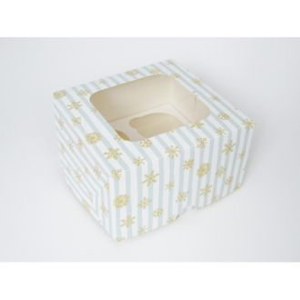 Коробка на 4 кекса квадратная с окошком (17*17*10 см), Снежинки с голубой полоской