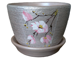 Серебристый керамический горшок для домашних растений диаметр 13 см с рисунком цветок