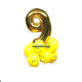 Композиция из шаров с цифрой и смайлами