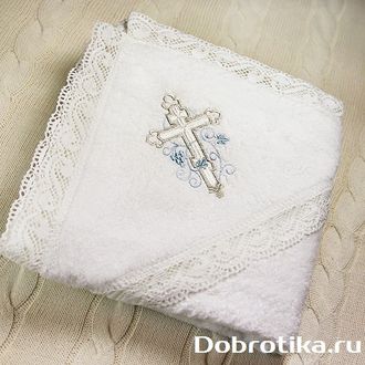 Кружевное крестильное полотенце (крыжма) с капюшоном, с вышивкой, для мальчика и для девочки