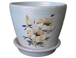 Белый оригинальный керамический цветочный горшок диаметр 16 см с рисунком цветок