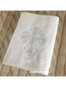 Традиционное крестильное полотенце (крыжма) 70х140 см, вышитый белый крест (большой и объмный)