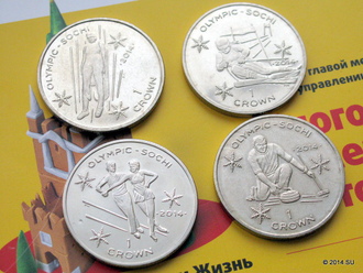 Монеты Sochi-2014 Острова Мэн (набор из 4-х простых или цветных монет по 1 кроне)