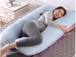 Анатомическая подушка для беременных U 340 х 35 Premium с наволочкой на молнии сатин страйп Комбинированный Небесный/розовый