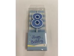 Свеча в торт на шпажке ГОЛУБАЯ с белым ОБОДКОМ, цифра 8
