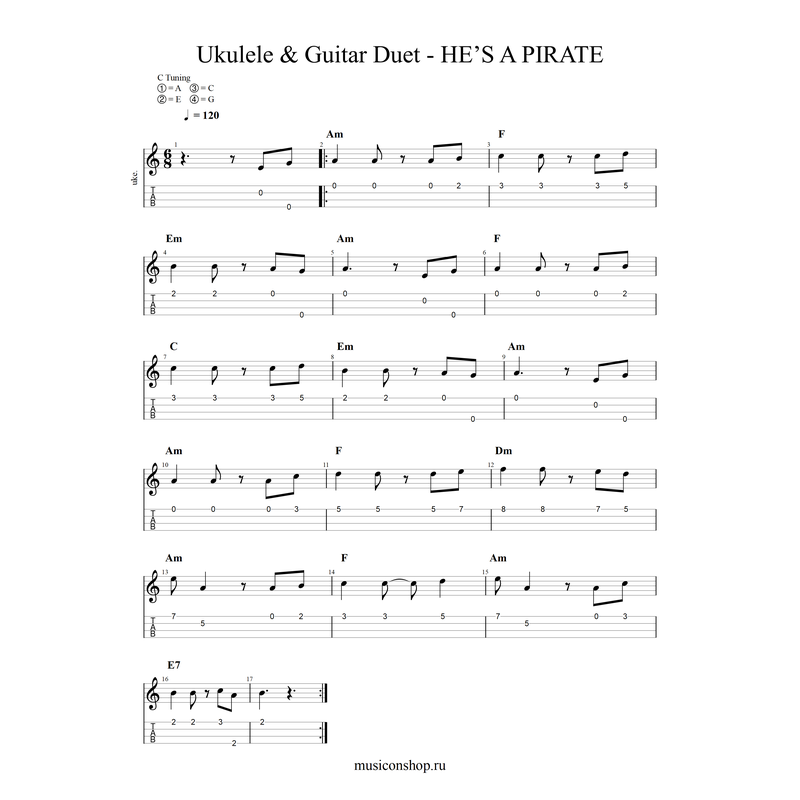 Ukulele & Guitar Duet - HE’S A PIRATE табы и ноты для укулеле с гитарой