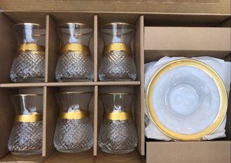 Армуды (стаканы для чая), набор на 6 персон (стаканы рифленые, блюдца стеклянные), декор &quot;Золото&quot;, Турция