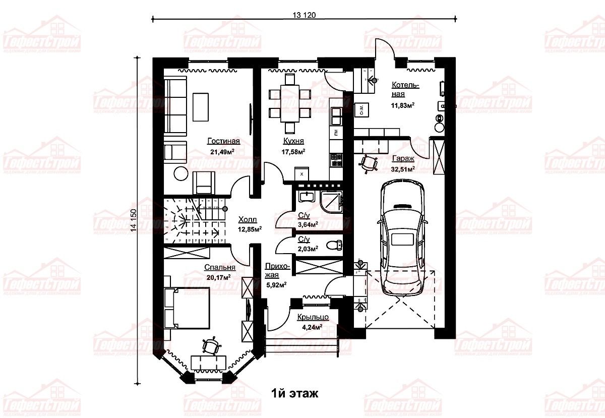 План первого этажа двухэтажного дома под ключ по ипотеке