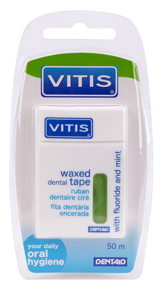 Нить межзубная вощеная плоская, мята и фтор, Waxed Dental Tape with Fluoride and Mint, Vitis, Dentaid, 50 м., в мягкой упаковке