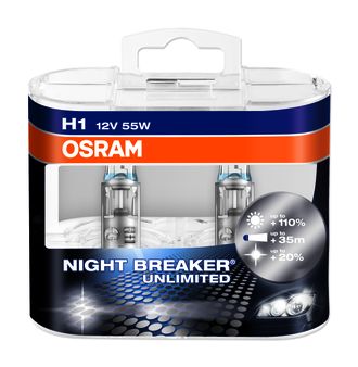 Лампа OSRAM H1 12V (55W) NIGHT BREAKER UNLIMITED +110% света,+20% белее 2шт.