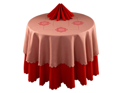 Розовая вышитая льняная скатерть на круглый стол диаметр 145 см в стиле рустик