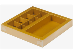 Коробка для конфет с пластиковой крышкой 20*20*3 см + отделение для шоколадки 16*8 см, Золото (050381)