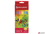Карандаши цветные BRAUBERG «Бабочки», набор 12 цветов, трехгранные, корпус с полосками. 181285