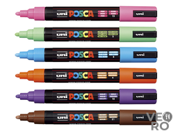 Набор из 6 акриловых маркеров (фломастеров) UNI POSCA PC-5M 1.5-2.5 мм BASIC 2 / для рисования и ске