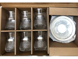 Армуды (стаканы для чая), набор на 6 персон (стаканы рифленые, блюдца стеклянные), декор "Серебро", Турция