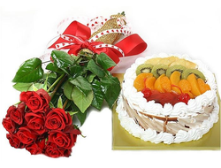 9 красных роз и фруктовый торт